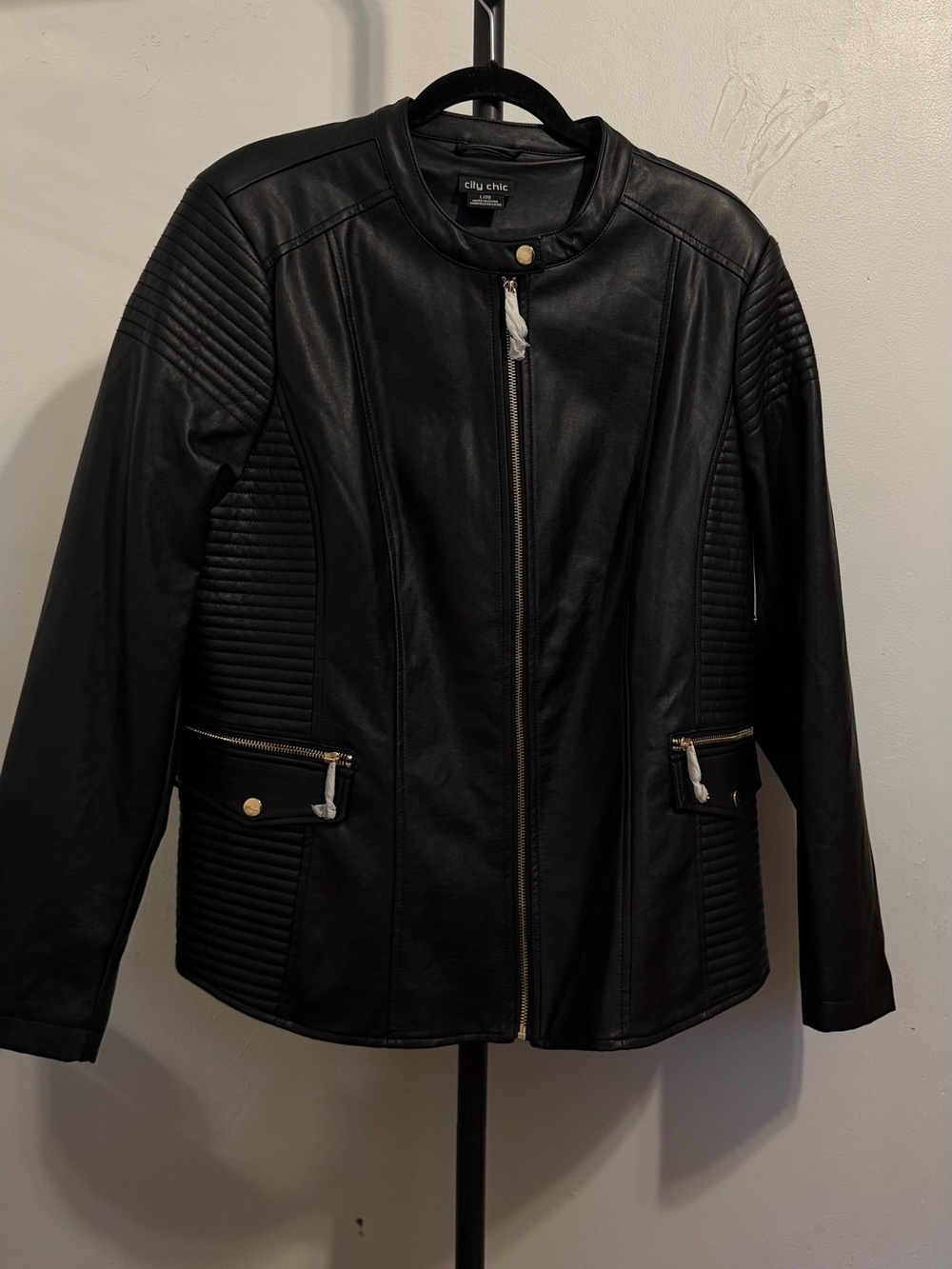 City Chic Black Faux Leather Quilted Panel Moto Jacket